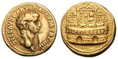 Claudius I. 41-54 AD. Aureus, 7.55g. Lugdunum, 44-5 AD. Obv: TI CLAVD CAESAR AVG P M TR P IIII Head laureate right. Rx: IMPER RECEPT across the front wall of the Praetorian camp, which has ramparts an