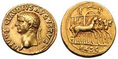 Divus Claudius I. . Aureus, 7.60g. Lugdunum, 54-5 AD. Obv: DIVVS CLAVDIVS AVGVSTVS Head laureate left. Rx: EX S C Tensa drawn right by four horses; the tensa has a pediment like a temple, surmounted b