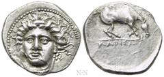 Greek Coins THESSALY. Larissa. Drachm (Circa 400-370 BC). Obv: Head of the nymph Larissa facing slightly left. Rev: ΛΑΡΙΣΑI. Horse crouching right, preparing to roll. BCD Thessaly II 209-11; HGC 4, 43