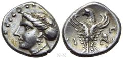 Greek Coins PAPHLAGONIA. Sinope. Hemidrachm (Circa 330-250 BC). Obv: Head of nymph left, with hair in sakkos. Rev: ΣΙ - ΝΩ. Eagle facing, head left, wings displayed; ΠP monogram to right. SNG BM Black