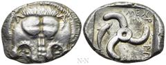 Greek Coins DYNASTS OF LYCIA. Mithrapata (Circa 390-370 BC). Stater. Obv: Facing lion scalp. Rev: Triskeles; in field, dolphin right; all within incuse square. SNG Copenhagen Supp. 474; SNG von Aulock