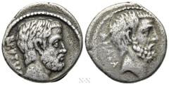 Roman Republican Coins Q. SERVILIUS CAEPIO (M. JUNIUS) BRUTUS. Denarius (54 BC). Rome. Obv: BRVTVS. Bare head of L. Junius Brutus right. Rev: AHALA. Bare head of C. Servilius Ahala right. Crawford 433