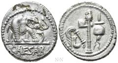 Roman Republican Coins JULIUS CAESAR. Denarius (49 BC). Military mint traveling with Caesar. Obv: CAESAR. Elephant advancing right, trampling upon horned serpent. Rev: Emblems of the pontificate: simp
