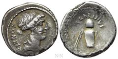 Roman Republican Coins T. CARISIUS. Denarius (46 BC). Rome. Obv: MONETA. Head of Juno Moneta right. Rev: T CARISIVS. Implements for coining money: anvil die with punch die above, tongs and hammer; all