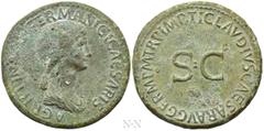 Roman Imperial Coins AGRIPPINA I (Died 33). Sestertius. Rome. Struck under Claudius. Obv: AGRIPPINA M F GERMANICI CAESARIS. Draped bust right. Rev: TI CLAVDIVS CAESAR AVG GERM P M TR P IMP. Large S C.