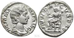 Roman Imperial Coins JULIA MAMAEA (Augusta, 222-235). Denarius. Rome. Obv: IVLIA MAMAEA AVG. Draped bust right, wearing stephane. Rev: IVNO AVGVSTAE. Juno seated left on throne, holding flower and swa