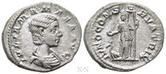 Roman Imperial Coins JULIA MAMAEA (Augusta, 222-235). Denarius. Rome. Obv: IVLIA MAMAEA AVG. Draped bust right. Rev: IVNO CONSERVATRIX. Juno standing left, holding patera and sceptre; to left, peacock