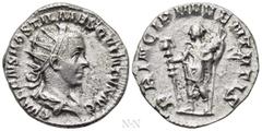 Roman Imperial Coins HOSTILIAN (Caesar, 250-251). Antoninianus. Rome. Obv: C VALENS HOSTIL MES QVINTVS N C. Radiate and draped bust right. Rev: PRINCIPI IVVENTVTIS. Emperor standing facing, head left,