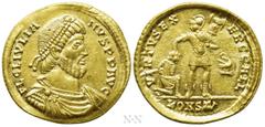 Roman Imperial Coins JULIAN II APOSTATA (360-363). GOLD Solidus. Arelate. Obv: FL CL IVLIANVS P P AVG. Pearl-diademed, draped and cuirassed bust right. Rev: VIRTVS EXERC GALL / KONSTAN. Soldier standi