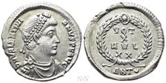 Roman Imperial Coins VALENTINIAN I (364-375). Siliqua. Antioch. Obv: D N VALENTINIANVS P F AVG. Pearl-diademed, draped and cuirassed bust right. Rev: VOT X MVL XX / ANT (crescent). Legend in four line