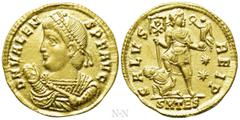 Roman Imperial Coins VALENS (364-378). GOLD Solidus. Thessalonica. Obv: D N VALENS P F AVG. Pearl-diademed bust left, wearing consular robe, holding mappa in right hand and sceptre in left. Rev: SALVS