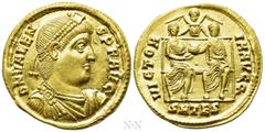 Roman Imperial Coins VALENS (364-378). GOLD Solidus. Thessalonica. Obv: D N VALENS P F AVG. Pearl-diademed, draped and cuirassed bust right. Rev: VICTORIA AVGG / SMTES. Two emperors seated facing, hol
