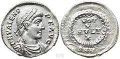 Roman Imperial Coins VALENS (364-378). Siliqua. Nicomedia. Obv: D N VALENS P F AVG. Pearl-diademed, draped and cuirassed bust right. Rev: VOT / V / MVLT / X / SMN. Legend in four lines within wreath. 