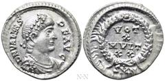 Roman Imperial Coins VALENS (364-378). Siliqua. Nicomedia. Obv: D N VALENS P F AVG. Pearl-diademed, draped and cuirassed bust right. Rev: VOT / X / MVLT / XX / SMN. Legend in four lines within wreath.