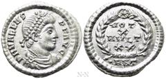 Roman Imperial Coins VALENS (364-378). Siliqua. Antioch. Obv: D N VALENS P F AVG. Pearl-diademed, draped and cuirassed bust right. Rev: VOT / X / MVLT / XX / •ANT. Legend in four lines within wreath. 