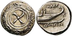 GRIECHISCHE MÜNZEN GRIECHISCHE MÜNZEN, GRIECHISCHES MUTTERLAND, KÖNIGREICH MAKEDONIEN ANONYM. 311-, Autonome Prägung ohne Königsname.Tetrobol. Makedonischer Schild mit Sichelstern. Rs: Schiffsheck. SN