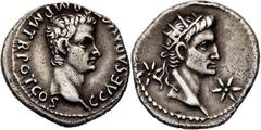 RÖMISCHE MÜNZEN RÖMISCHE MÜNZEN, RÖMISCHES KAISERREICH CALIGULA UND AUGUSTUS. 37-, Lugdunum.Denar. C CAESAR AVG GERM P M TR POT COS Bloßer Kopf des Caligula r. Rs: Kopf des Divus Augustus mit Strahlen