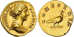 RÖMISCHE MÜNZEN RÖMISCHE MÜNZEN, RÖMISCHES KAISERREICH FAUSTINA MINOR. GEMAHLIN D. M. AURELIUS 161-, Aureus. FAVSTINA AVG PII AVG FIL Drapierte Büste r. Rs: CONCORDIA Taube steht r. C. 61. R.I.C. A.P.