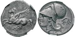 GRIECHISCHE MÜNZEN, GRIECHISCHES MUTTERLAND, KORINTH UND SEINE KOLONIEN, KORINTH. Stater. 4. Jh. v. Chr. Pegasos l. Rs: Athenakopf mit korinthischem Helm l. Beizeichen Kranz. BCD Coll. 116. Calciati, 