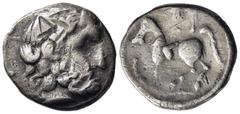 KELTEN, DONAUKELTEN, IMITATION DER TETRADRACHMEN PHILIPPOS II. Tetradrachme. Zeuskopf r. Rs: Reiter l. 11.08g, Etwas untergewichtig. s-ss Ex Hirsch 125, 1981, Los Nr. 3013.