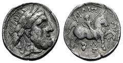 IMIT. D. TETRAD. PHILIPPOS II. Tetradrachme. Typ mit unvollständiger Legende. Belorbeerter Zeuskopf r. Rs: Reiter mit Zweig r. Beizeichen Fackel und Caduceus. OTA -, vgl. 14,1 ff. Kostial -. 13,15g. R