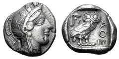 ATHEN. Tetradrachme. 479-393. Behelmter Athenakopf r. Rs: Eule r., dahinter Olivenzweig und Mondsichel. SNG COP. 32 ff. Svoronos Pl. 12-16. 16,97g. Vs. hohes Relief, kl. Schürfspur u. kl. Punze. vz-ss