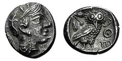 ATHEN. Drachme. 479-393. Behelmter Athenakopf r. Rs: Eule r., dahinter Olivenzweig. SNG COP. 41 ff. 3,58g. Dunkle Tönung. vz