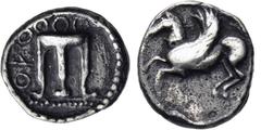 GRIECHISCHE MÜNZEN, ITALIEN, BRUTTIUM, KROTON. Triobol. 460-440. Dreifuß. Rs: Pegasos l. Attianese vgl. 74. HGCS 1475. 0.77g, Schöne Tönung. ss Das für einen Triobol geringe Gewicht von 0,77 g erklärt