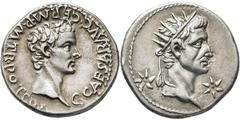 RÖMISCHE MÜNZEN, RÖMISCHES KAISERREICH CALIGULA UND AUGUSTUS. 37-, Lugdunum.Denar. C CAESAR AVG GERM P M TR POT COS Bloßer Kopf des Caligula r. Rs: Kopf des Divus Augustus mit Strahlenkrone r. zwische
