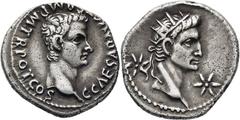 RÖMISCHE MÜNZEN, RÖMISCHES KAISERREICH CALIGULA UND AUGUSTUS. 37-, Lugdunum.Denar. C CAESAR AVG GERM P M TR POT COS Bloßer Kopf des Caligula r. Rs: Kopf des Divus Augustus mit Strahlenkrone r. zwische