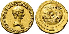 RÖMISCHE MÜNZEN, RÖMISCHES KAISERREICH NERO. 54-68, Aureus. Geprägt unter Claudius. NERONI CLAVDIO DRVSO GERM COS DESIGN Bloße drapierte Büste r. Rs: EQVESTER ORDO PRINCIPI IVVENT in 4 Zeilen auf Rund