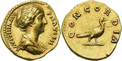 RÖMISCHE MÜNZEN, RÖMISCHES KAISERREICH FAUSTINA MINOR. GEMAHLIN D. M. AURELIUS 161-, Aureus. FAVSTINA AVG PII AVG FIL Drapierte Büste r. Rs: CONCORDIA Taube steht r. C. 61. R.I.C. A.P. 503a. Calico 20