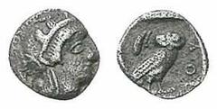 ATHEN. Obol. 479-393. Behelmter Athenakopf r. Rs: Eule r., dahinter Olivenzweig. SNG COP. 53 ff. 0,6g. L. korrodiert. ss