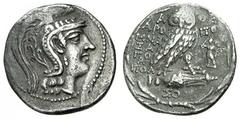 ATHEN. Tetradrachme. 128/127. Athenakopf mit attischem Helm r. Rs: Eule sitzt r. auf Amphora. Beizeichen geflügelter Agon. Thompson 994. 16,44g. Randl. Druckstellen. ss-vz