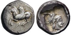GRIECHISCHE MÜNZEN, GRIECHISCHES MUTTERLAND, KORINTH UND SEINE KOLONIEN, KORINTH. Stater. 1. Hälfte 5. Jh. v. Chr. Pegasos l. Rs: Athenakopf mit korinthischem Helm r. in Quadratum incusum. BCD Coll. 2