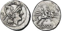 RÖMISCHE REPUBLIK, ANONYM Quinar. Nach 211 v. Chr. Behelmter Romakopf r., dahinter Wertzeichen V. Rs: Dioskuren reiten r. Syd. 141. RRC 44, 6. 2.04g, ss Aus deutscher Privatsammlung vor 2016.