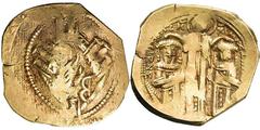 BYZANTINISCHE MÜNZEN, BYZANTINISCHE MÜNZEN ANDRONICUS II. UND MICHAEL IX. 1295-1320, Au-Hyperpyron. Thronende Maria in den Mauern von Konstantinopel. Rs: Kaiser knien zu beiden Seiten von Christus. Se