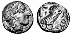 ATHEN. Tetradrachme. 479-393. Behelmter Athenakopf r. Rs: Eule r., dahinter Olivenzweig und Mondsichel. SNG COP. 32 ff. Svoronos Pl. 12-16. 17,15g. Hohes Relief. Min. korrodiert. ss-vz