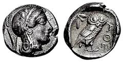 ATHEN. Drachme. 479-393. Behelmter Athenakopf r. Rs: Eule r., dahinter Olivenzweig. SNG COP. 41 ff. 4,23g. Hohes Relief. vz