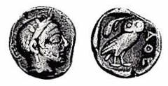 ATHEN. Obol. 479-393. Behelmter Athenakopf r. Rs: Eule r., dahinter Olivenzweig. SNG COP. 53 ff. 0,69g. Min. korrodiert. ss