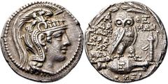 GRIECHISCHE MÜNZEN GRIECHISCHE MÜNZEN, GRIECHISCHES MUTTERLAND, ATTIKA, ATHEN. Tetradrachme. 108/107. Athenakopf mit attischem Helm r. Rs: Eule sitzt r. auf Amphora. Beizeichen Bogen und Köcher. Alles