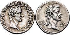 RÖMISCHE MÜNZEN RÖMISCHE MÜNZEN, RÖMISCHES KAISERREICH CALIGULA UND AUGUSTUS. 37-, Lugdunum.Denar. C CAESAR AVG GERM P M TR POT COS Bloßer Kopf des Caligula r. Rs: Kopf des Divus Augustus mit Strahlen