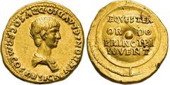 RÖMISCHE MÜNZEN RÖMISCHE MÜNZEN, RÖMISCHES KAISERREICH NERO. 54-68, Aureus. Geprägt unter Claudius. NERONI CLAVDIO DRVSO GERM COS DESIGN Bloße drapierte Büste r. Rs: EQVESTER ORDO PRINCIPI IVVENT in 4