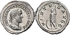 RÖMISCHE MÜNZEN RÖMISCHE MÜNZEN, RÖMISCHES KAISERREICH GORDIANUS II. AFRICANUS. 238-, Denar. IMP M ANT GORDIANVS AFR AVG Belorbeerte, drapierte und gepanzerte Büste r. R: VIRTVS AVGG Virtus steht l. m