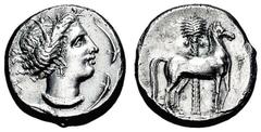 Tetradrachme. Ca. 350-300. Persephone-Tanitkopf mit Ährenkranz, Ohr- und Halsschmuck r. umgeben von 3 Delphinen, dahinter Tanitzeichen. Rs: Pferd steht r., im Hintergrund Dattelpalme, davor Caduceus. 