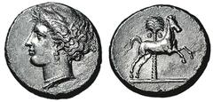Tetradrachme. Ca. 350-300. Persephone-Tanitkopf mit Ährenkranz, Ohr- und Halsschmuck l. Rs: Pferd steigt r., im Hintergrund Dattelpalme. Jenkins III, 123. 16,44g. Hohes Relief. L. korrodiert u. winz. 