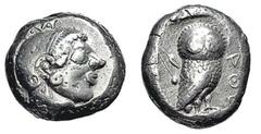 ATHEN. Tetradrachme. 510-480. Athenakopf mit attischem Helm r. Rs: A_E; Eule r., dahinter Olivenzweig. SNG COP. 15 ff. Svoronos Taf. 3-5. SNG München 35. 16,8g. L. korrodiert. Hohes Relief. ss