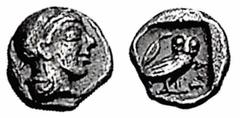 ATHEN. Hemiobol. Ca. 450-404. Athenakopf mit attischem Helm r. Rs: A_E; Eule r., dahinter Oliventrieb mit Blatt und Frucht. Alles in Quadratum incusum. SNG COP. 59 ff. SNG München 83 ff. 0,35g. Vs. ho