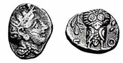 ATHEN. Hemidrachme. 393-295. Athenakopf mit attischem Helm r., auf dem Helmkessel Ranke und 3 Olivenblätter. Rs: A_E; Eule steht frontal, flankiert von 2 Olivenzweigen. SNG COP. 68 ff. SNG München 105