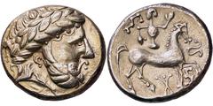 KELTEN KELTEN, DONAUKELTEN, IMIT. D. TETRAD. PHILIPPOS II. Tetradrachme. Typ mit Audoleonmonogramm. Barbarisierter belorbeerter Zeuskopf r. Rs: Stilisierter Reiter r. mit verschiedenen Ornamenten. Unt
